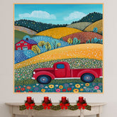 Red Vintage Truck in Blooming Countryside with Rolling Hills – Colorful Folk Art Landscape on Ready to Hang 1.5" Thick Canvas Wrap, Floating Framed Canvas, Flat Rolled Canvas